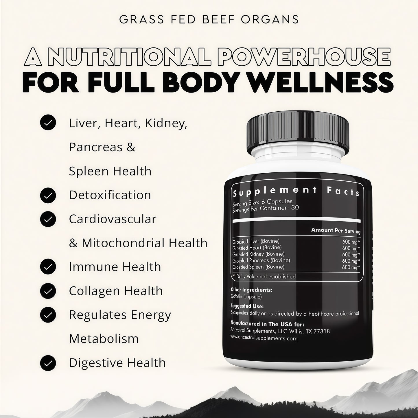 Ancestral Supplements Grass Fed Beef OrganSupplement, Supports Whole Body Wellnesswith Proprietary Blend of Liver, Heart, Kidney,Pancreas, Spleen, Freeze-Dried Beef, Non-GMO, 180 Capsules