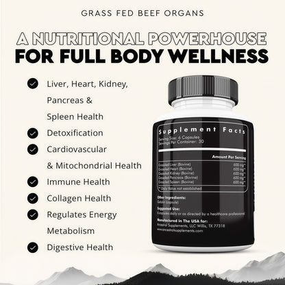 Ancestral Supplements Grass Fed Beef OrganSupplement, Supports Whole Body Wellnesswith Proprietary Blend of Liver, Heart, Kidney,Pancreas, Spleen, Freeze-Dried Beef, Non-GMO, 180 Capsules