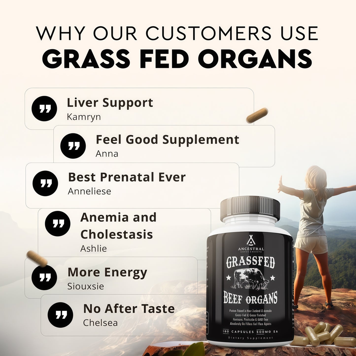 Ancestral Supplements Grass Fed Beef OrganSupplement, Supports Whole Body Wellnesswith Proprietary Blend of Liver, Heart, Kidney,Pancreas, Spleen, Freeze-Dried Beef, Non-GMO, 180 Capsules